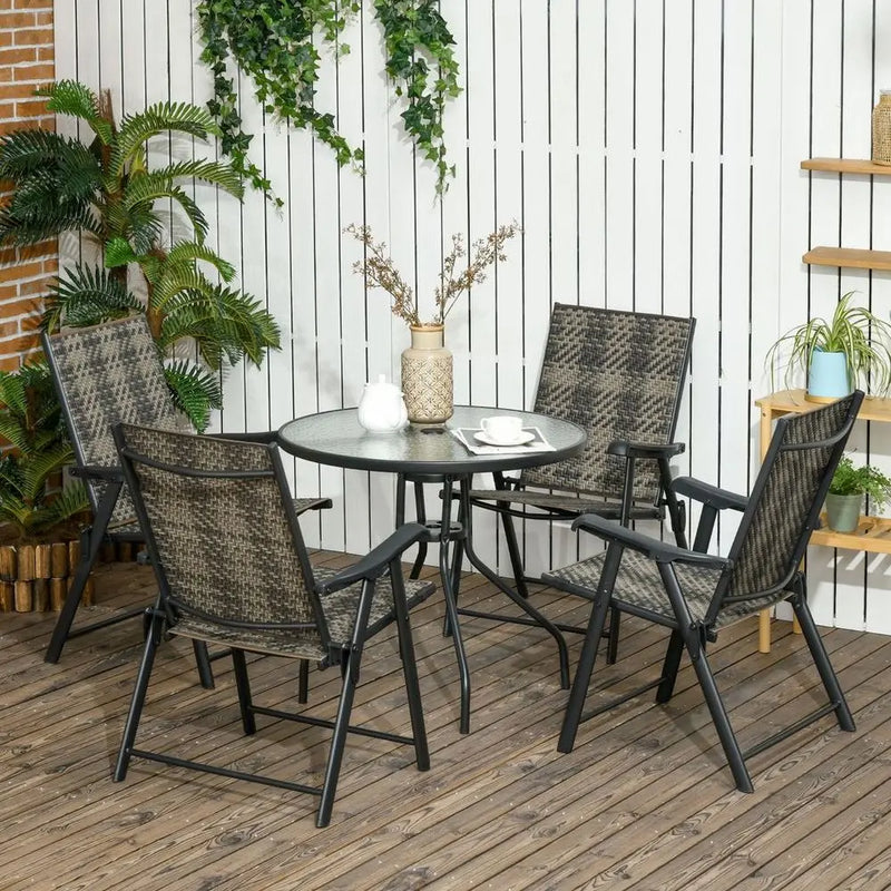 Outsunny 5 PCs Rattan Dining Sets w/ Umbrella Hole Table & Folding Armchair Outsunny