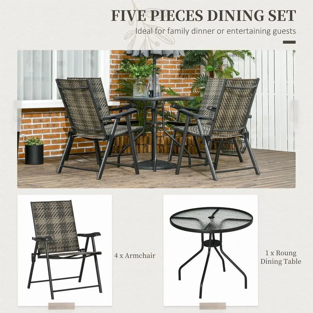 Outsunny 5 PCs Rattan Dining Sets w/ Umbrella Hole Table & Folding Armchair Outsunny