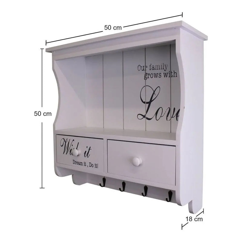 Wall Unit in White with Hooks, Drawers & Shelf gekofaire