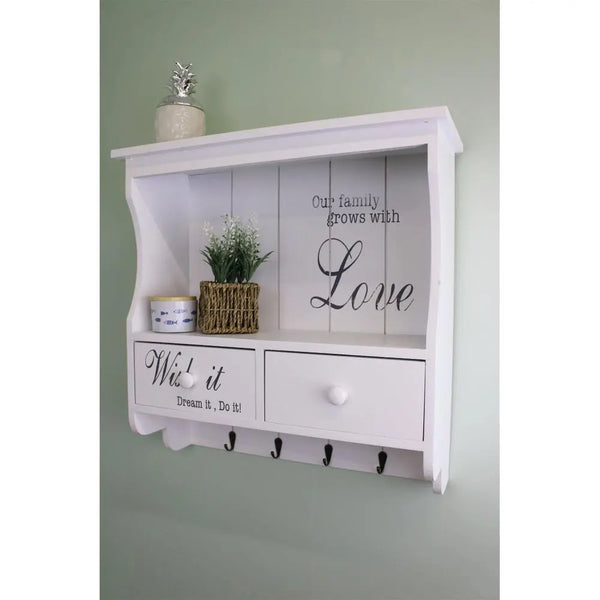 Wall Unit in White with Hooks, Drawers & Shelf gekofaire