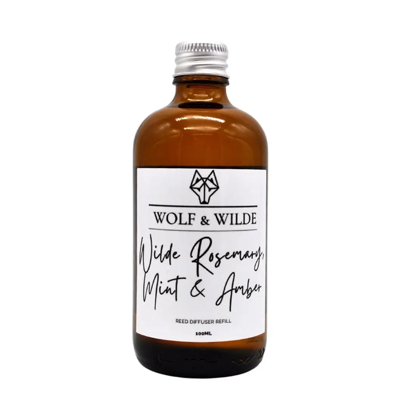 Wilde Rosemary, Mint & Amber 100ML Luxury Reed Diffuser Refill In Amber Glass Bottle Wolf & Wilde