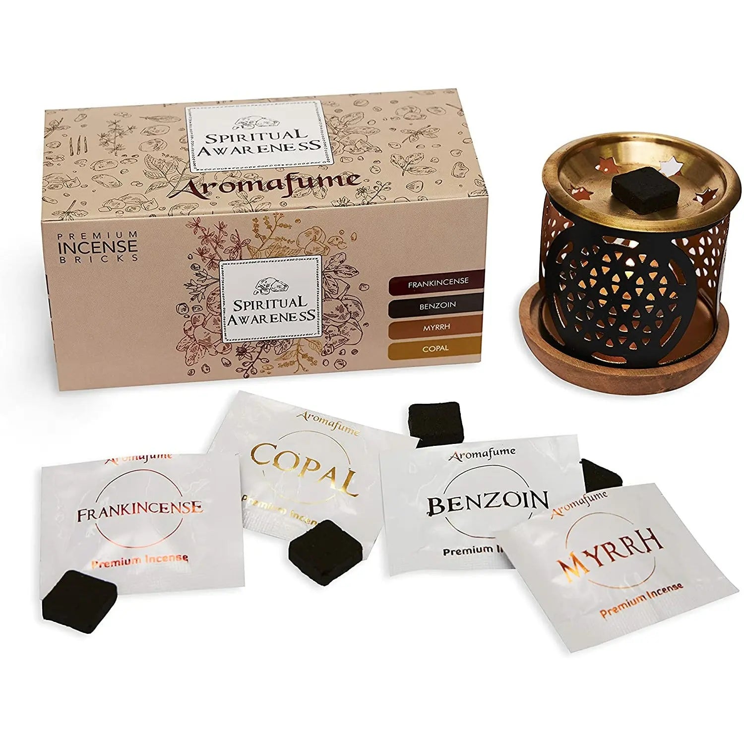 Aromafume Spiritual Awareness Incense Brick Gift Set 12 Bricks & Flower of Life Exotic Burner | 3 Each - Frankincense, Myrrh, Copal & Benzoin Spirit Journeys Gifts