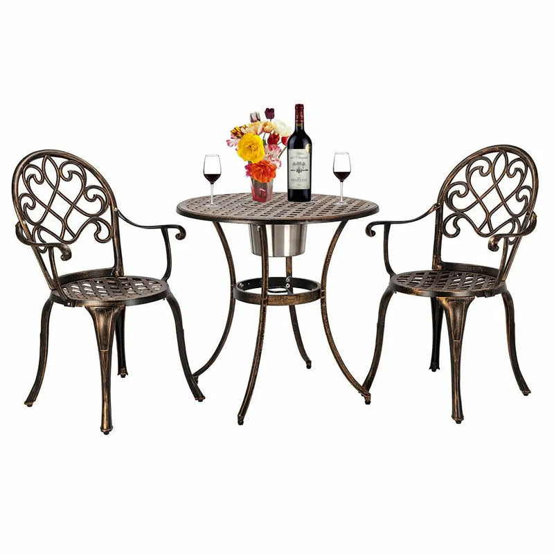 European Style Cast Aluminum Outdoor 3 Piece Patio Bistro Set of Table and Chairs with Ice Bucket Bronze N/A