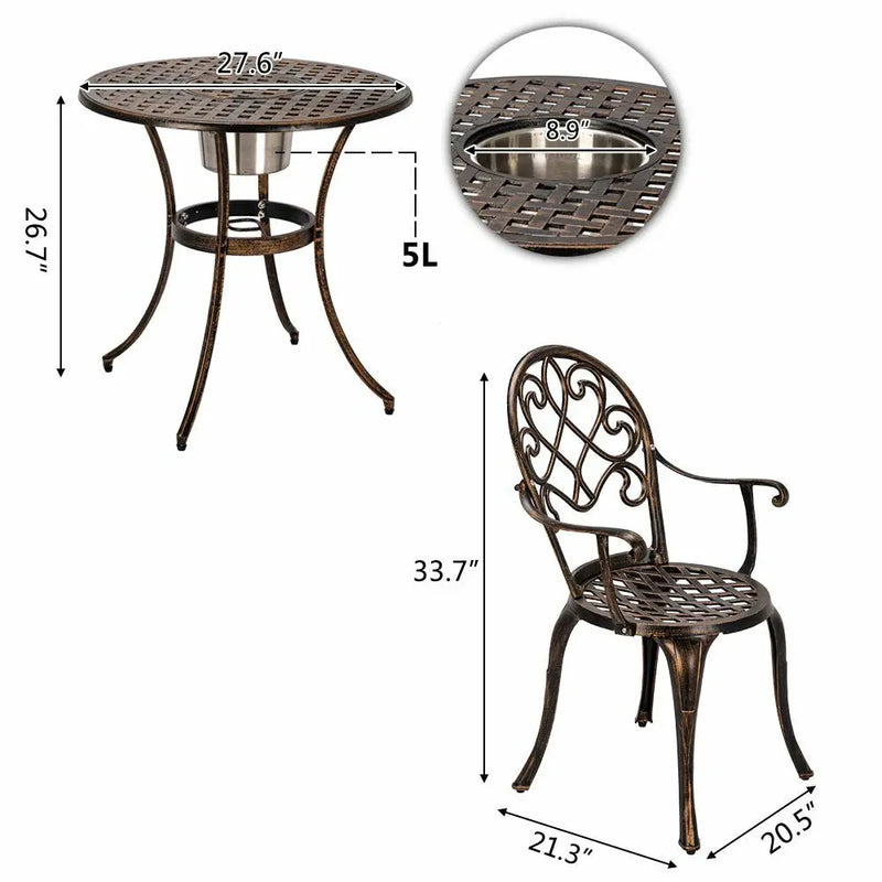 European Style Cast Aluminum Outdoor 3 Piece Patio Bistro Set of Table and Chairs with Ice Bucket Bronze N/A