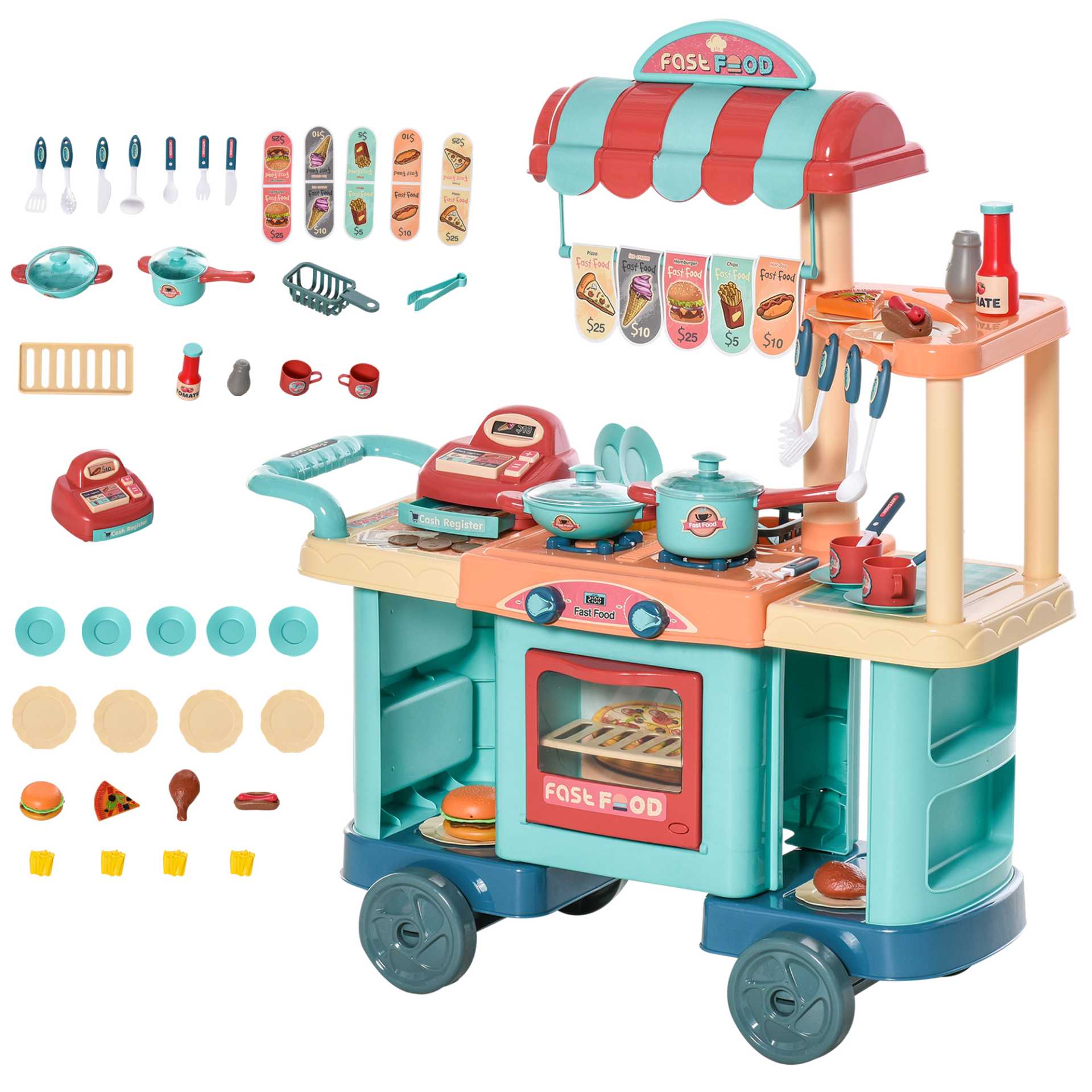 HOMCOM 50 Pcs Kids Kitchen Play set Fast Food Trolley Cart Pretend Playset Toys with Play Food Cashier Register Accessories Gift for Boys Girls Age 3-6 Spirit Journeys