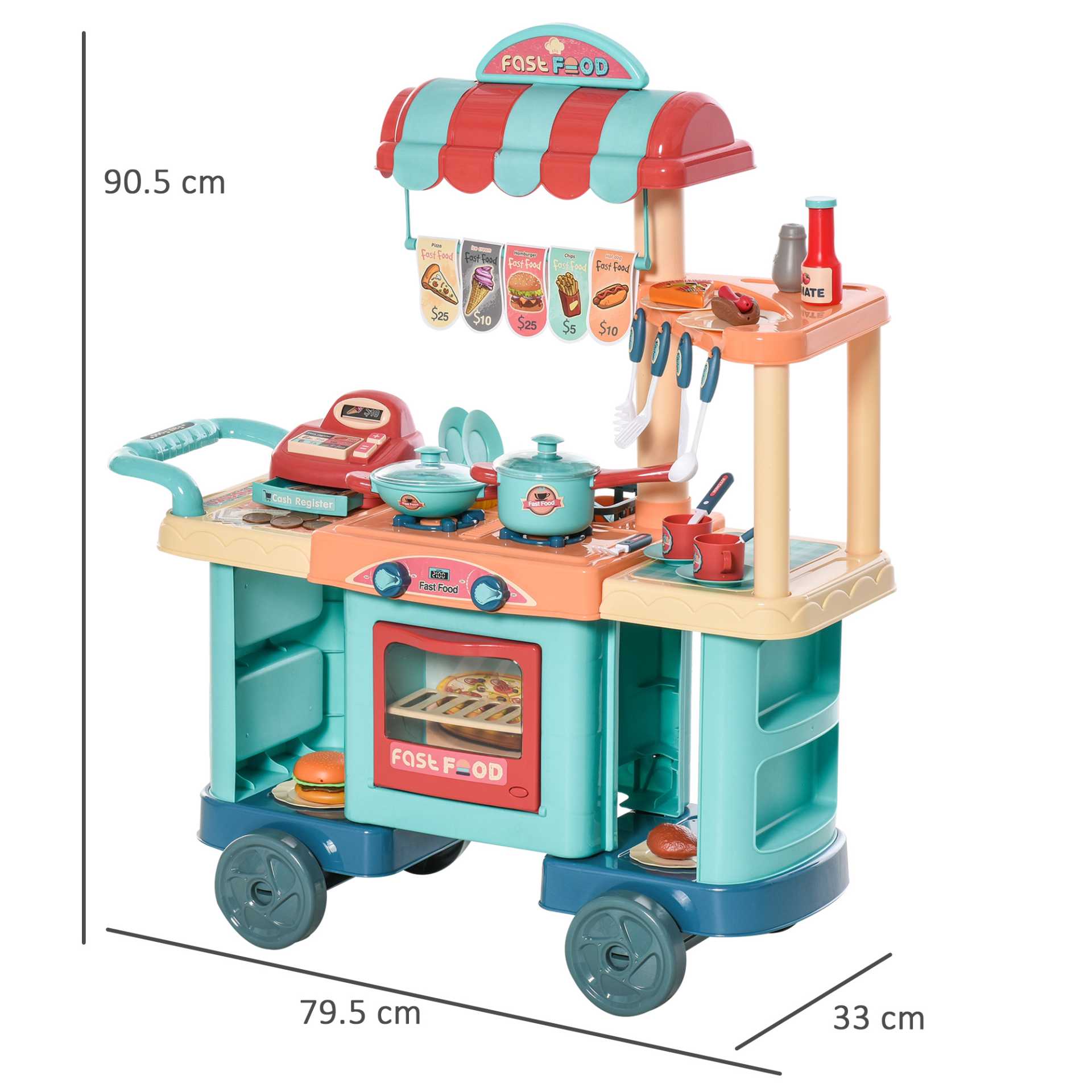 HOMCOM 50 Pcs Kids Kitchen Play set Fast Food Trolley Cart Pretend Playset Toys with Play Food Cashier Register Accessories Gift for Boys Girls Age 3-6 Spirit Journeys