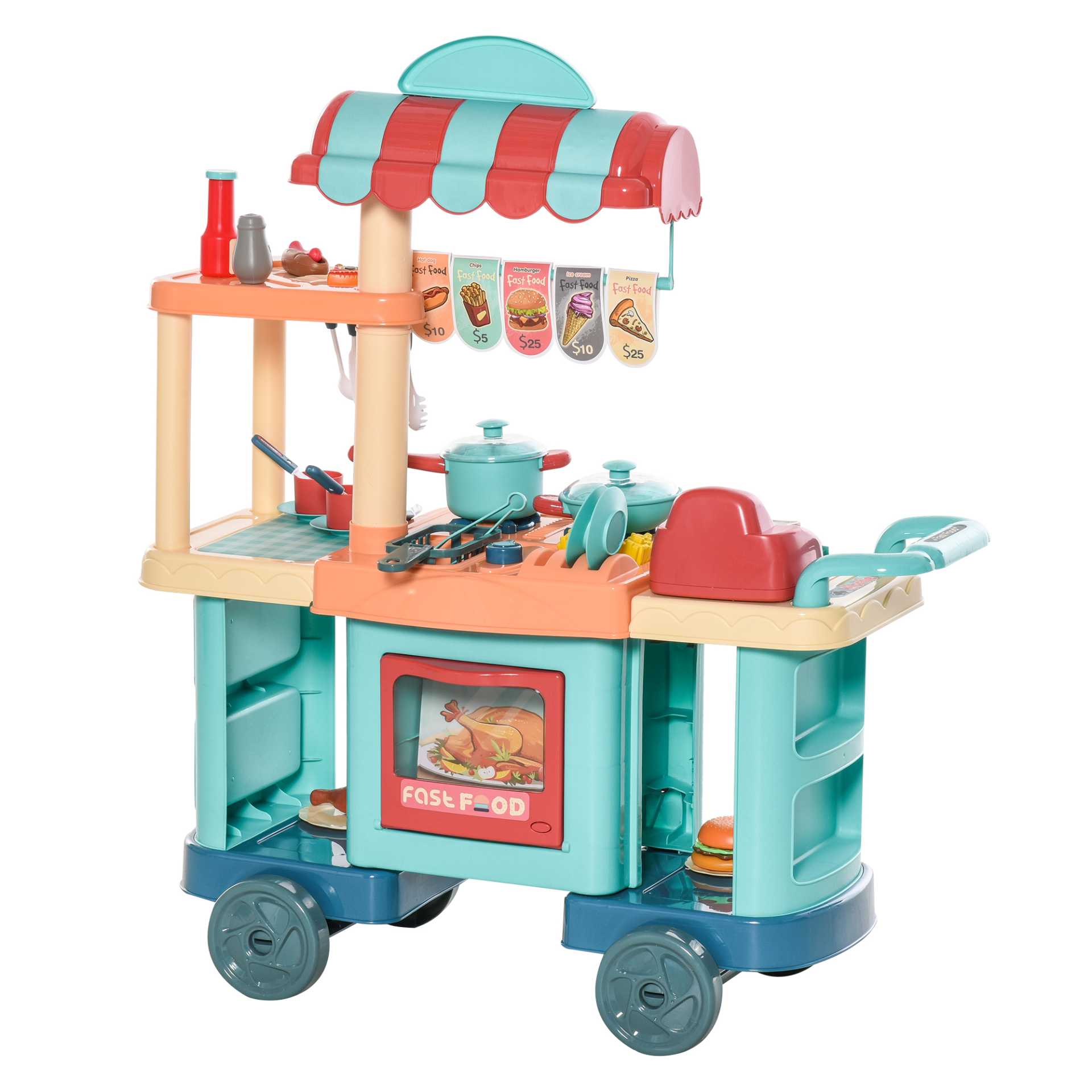 HOMCOM 50 Pcs Kids Kitchen Play set Fast Food Trolley Cart Pretend Playset Toys with Play Food Cashier Register Accessories Gift for Boys Girls Age 3-6 Spirit Journeys