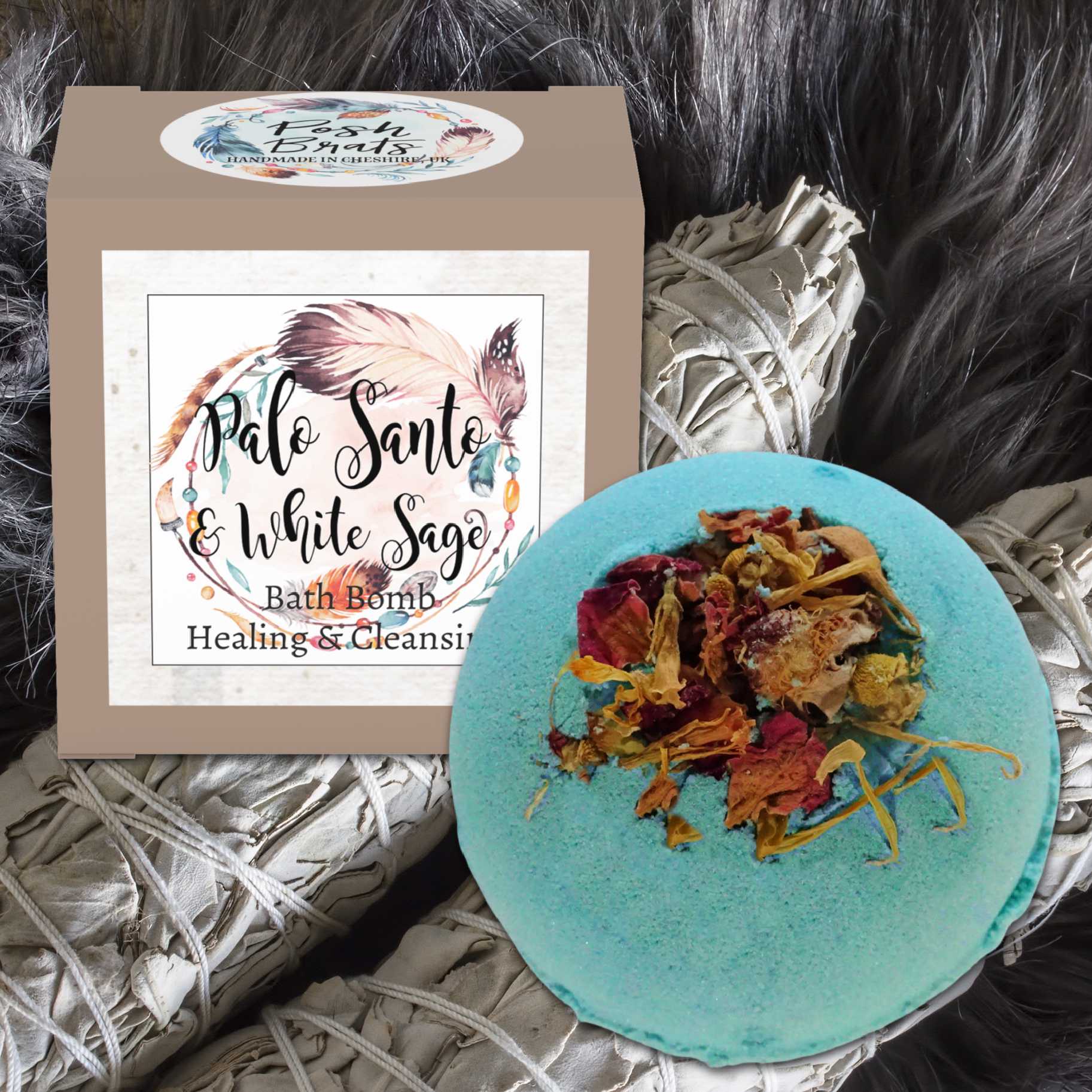 Palo Santo White Sage Smudge Reiki Healing Bath Bomb VEGAN Posh Brats