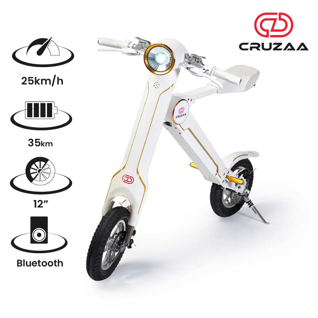 The Cruzaa Electric Scooter - 35km Range & 25kmh Top Speed Cruzaa Built in Bluetooth & Speakers + USB - Racing White Spirit Journeys