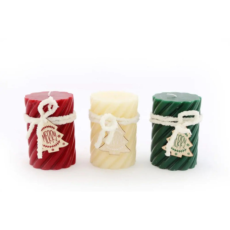 Three Twist Pillar Candles, Green, Cream & Red Geko