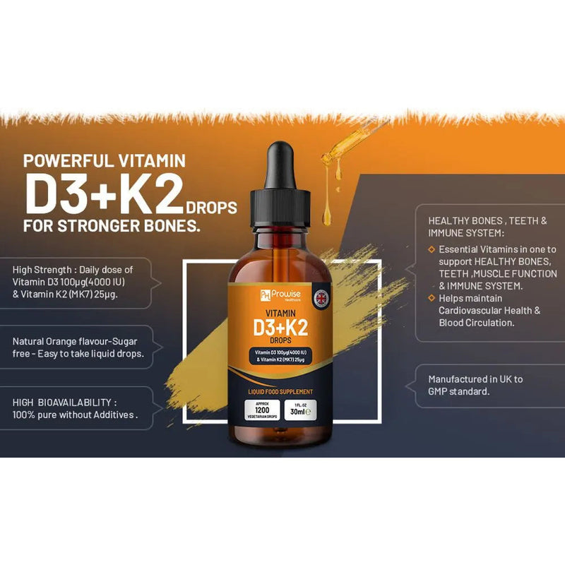 Vitamin D3 4000iu + K2 MK7 25µg Orange Liquid Drops I High Strength 30ml Bottle Prowise Healthcare