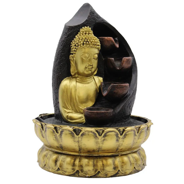 WaterF-03 - Tabletop Water Feature - 30cm - Golden Buddha & Pouring Pots Ancient Wisdom