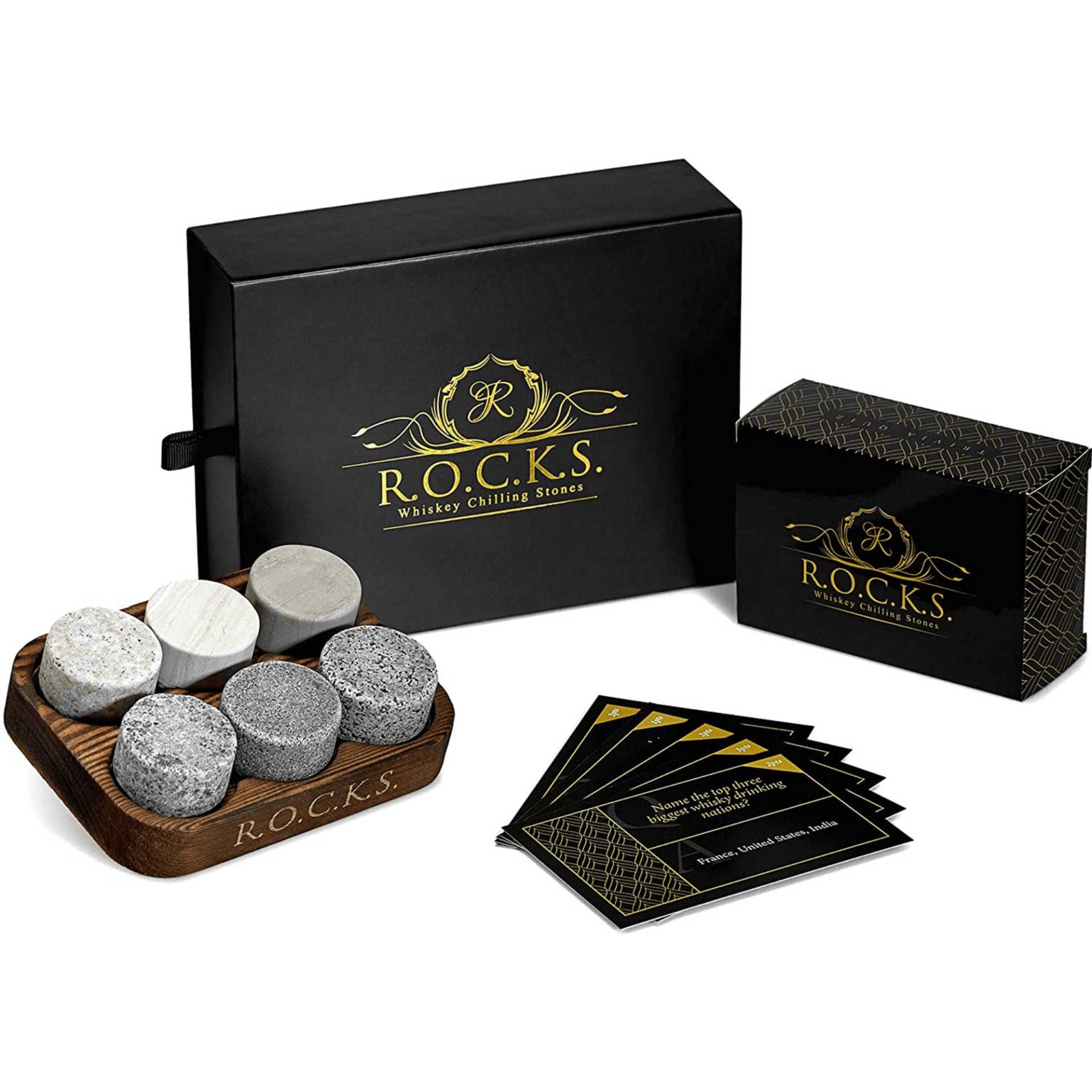 Whiskey Chilling Stones & Whiskey Quiz Gift Set - 100 Q&A Spirit Journeys