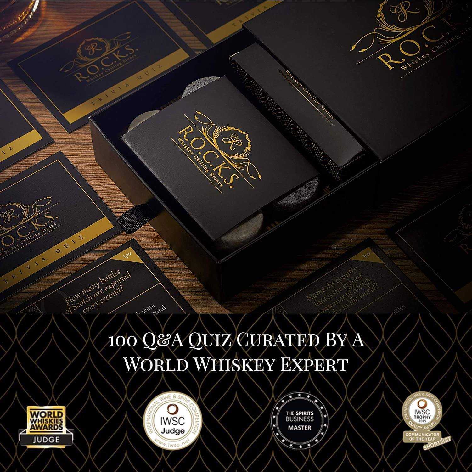 Whiskey Chilling Stones & Whiskey Quiz Gift Set - 100 Q&A Spirit Journeys