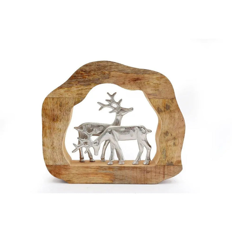 Wooden Log With Silver Metal Reindeers Geko