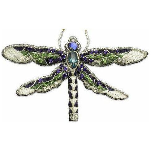 Green & Blue Embroidered Double Wing Dragonfly Brooch - Spirit Journeys